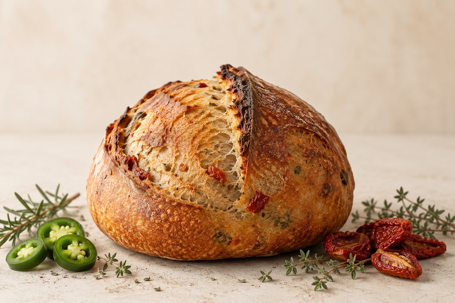 Seasonal Sourdough Bread with sun-dried tomatoes, herbs, jalapeño-cheddar and dark chocolate